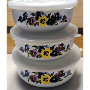 GMI 3 Bowl Set Enamelware Metal Storage Mixing Nesting Pansies Flowers Vintage
